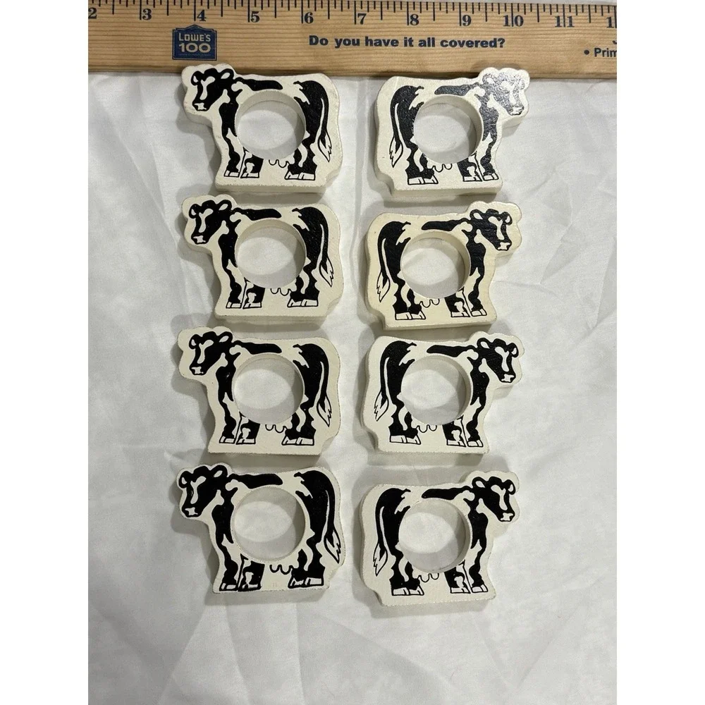 Lot Vintage Rustic Wooden Cow Napkin Rings Set Of 8 Farmhouse Farm country decor
